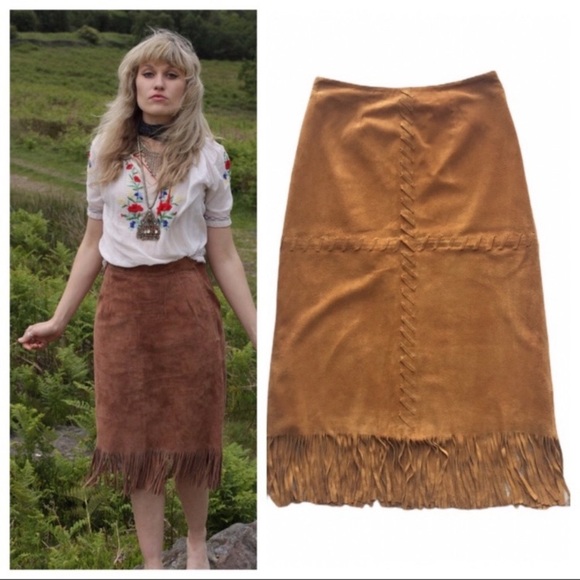 Vintage Dresses & Skirts - Urban Hillbilly suede leather fringe midi skirt M